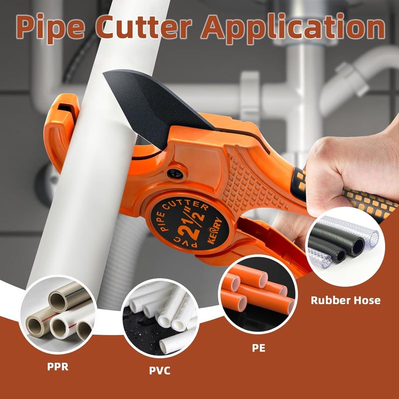 KERRY PVC Pipe Cutter with SK5 Blade, Outer Diameter Up to 2-1/2" Ratcheting Heavy-Duty PEX POLY PE PPR Plastic Hoses and Plumbing Tube Cutting Tool, Thicken Aluminum Body Efficient Extended Handle - Image 4